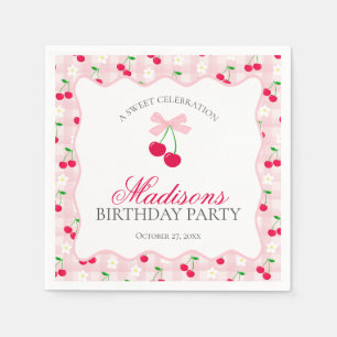 Cherry Sweet Pink Coquette Bow Gingham Verjaardag Servet