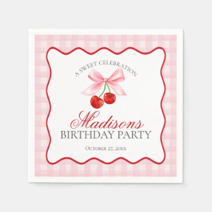 Cherry Sweet Pink Coquette Bow Gingham Verjaardag Servet
