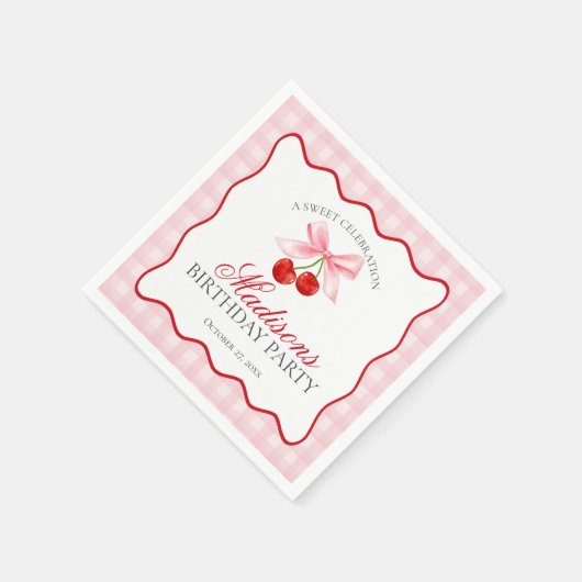 Cherry Sweet Pink Coquette Bow Gingham Verjaardag Servet (Hoek)