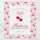 Cherry Sweet Pink Coquette Bow Gingham Verjaardag Wijn Etiket (Enkel label)