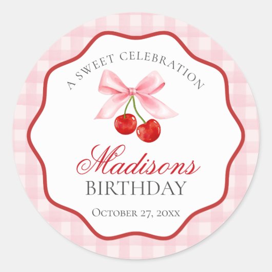 Cherry Sweet Pink Coquette Bow Verjaardag Zegel (Voorkant)