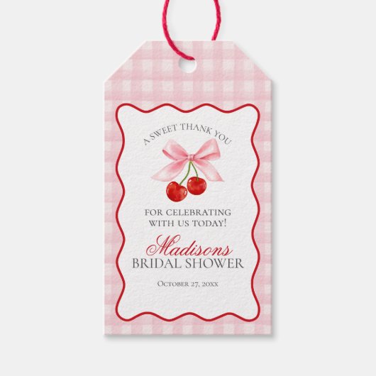 Cherry Sweet Pink Coquette Bow Vrijgezellenfeest F Cadeaulabel (Voorkant)