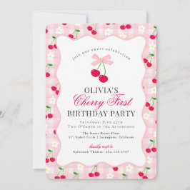 Cherry Sweet Pink Coquette Gingham eerste verjaard Kaart
