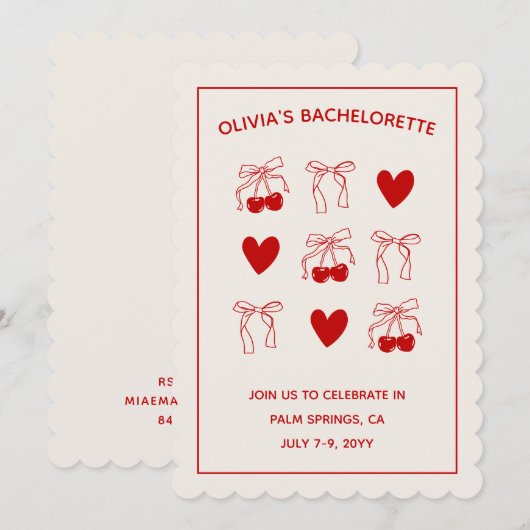 Cherry Sweet Red Bows Bachelorette uitnodiging (Voorkant / Achterkant)