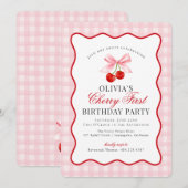Cherry Sweet Roze Coquette Geruite Eerste Verjaard Kaart (Voorkant / Achterkant)