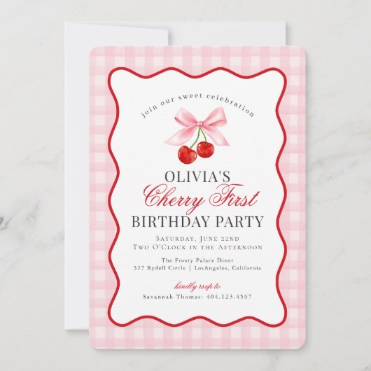 Cherry Sweet Roze Coquette Geruite Eerste Verjaard Kaart (Voorkant)