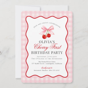 Cherry Sweet Roze Coquette Geruite Eerste Verjaard Kaart