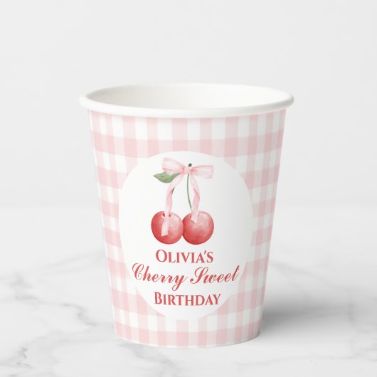 Cherry Sweet verjaardag Pink Bow Gingham Papieren Bekers (Voorkant)