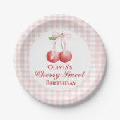Cherry Sweet verjaardag Pink Bow Gingham Papieren Bordje (Voorkant)