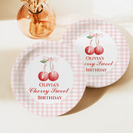 Cherry Sweet verjaardag Pink Bow Gingham Papieren Bordje