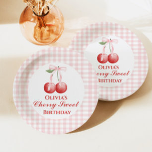 Cherry Sweet verjaardag Pink Bow Gingham Papieren Bordje