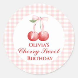 Cherry Sweet verjaardag Pink Bow Gingham Ronde Sticker