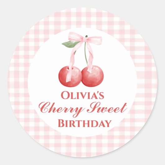 Cherry Sweet verjaardag Pink Bow Gingham Ronde Sticker (Voorkant)