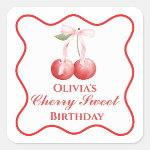 Cherry Sweet verjaardag Pink Bow Gingham Vierkante Sticker