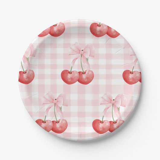 Cherry Sweet verjaardag Pink Gingham Papieren Bordje (Voorkant)