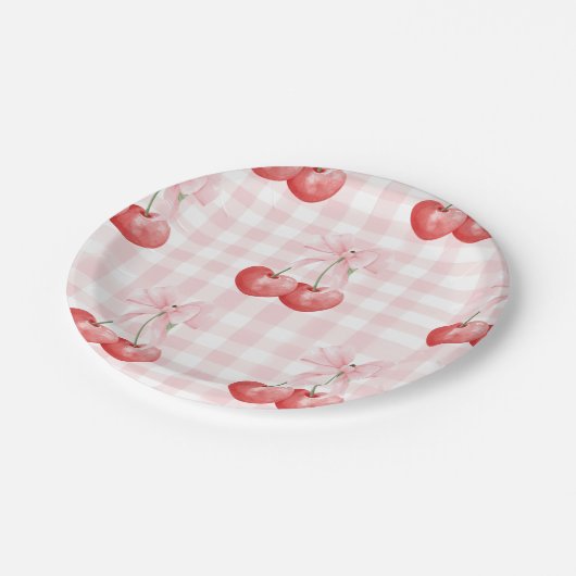 Cherry Sweet verjaardag Pink Gingham Papieren Bordje (Gekanteld)