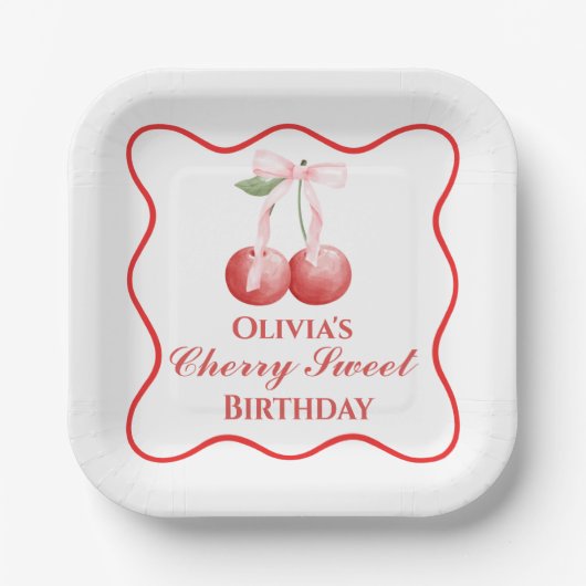 Cherry Sweet verjaardag Roze Strik Gingham Papieren Bordje (Voorkant)