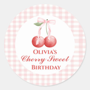 Cherry Sweet verjaardag Roze Strik Gingham Ronde Sticker