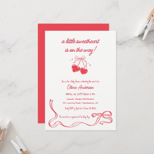 Cherry sweetheart Baby Shower Invitation Kaart (Voorkant / Achterkant in situ)