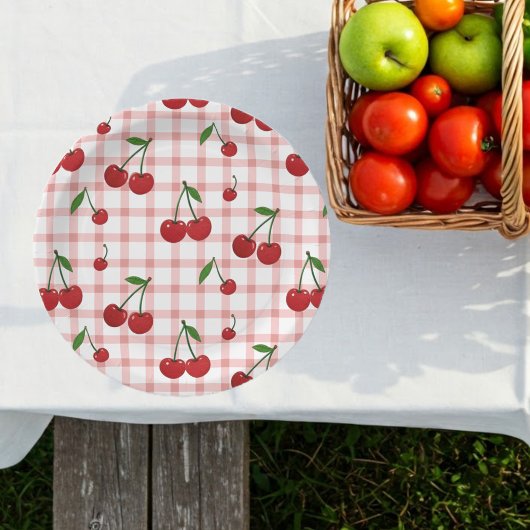 Cherry Themed Paper Plate Set with Pink Checkered Papieren Bordje