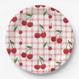 Cherry Themed Paper Plate Set with Pink Checkered Papieren Bordje
