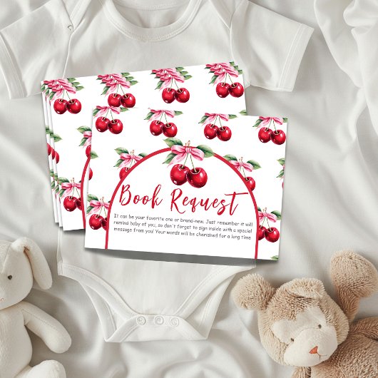 Cherry Top Coquette Bow Baby shower Boek Verzoek Informatiekaartje