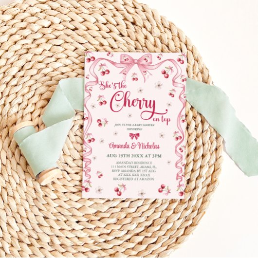 Cherry Top Pink Bow Girl Baby shower Kaart