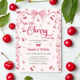 Cherry Top Pink Bow Girl Baby shower Kaart