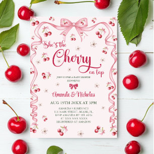 Cherry Top Pink Bow Girl Baby shower Kaart