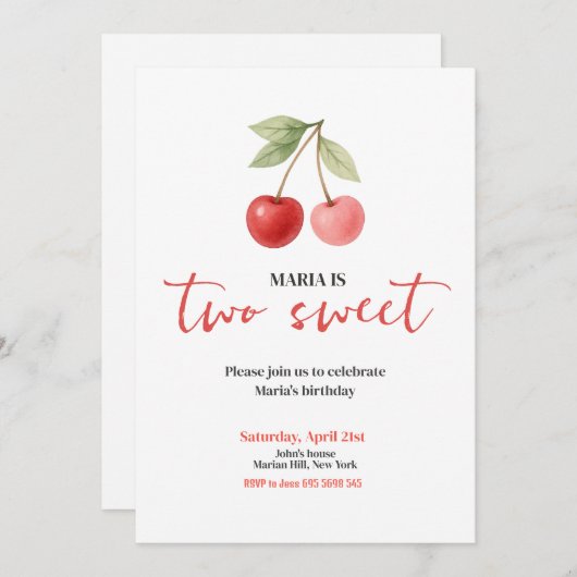 Cherry Two Sweet Waterverf Girl Verjaardagsfeestje Kaart (Voorkant / Achterkant)