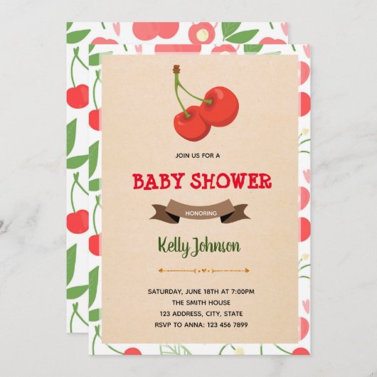 Cherry verjaardagsdouche uitnodiging (Voorkant / Achterkant)