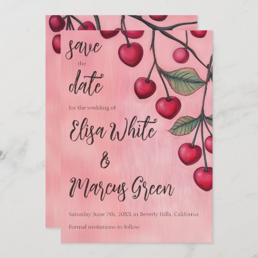 Cherry Vibes Custom Wedding Verloving Save The Date (Voorkant / Achterkant)