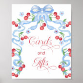 Cherry Whimsical Blue Bow Kaarten en geschenken Poster (Voorkant)