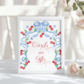 Cherry Whimsical Blue Bow Kaarten en geschenken Poster