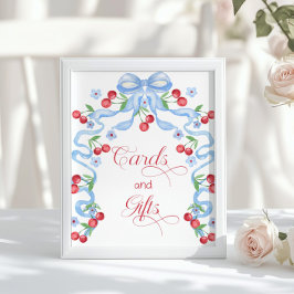 Cherry Whimsical Blue Bow Kaarten en geschenken Poster