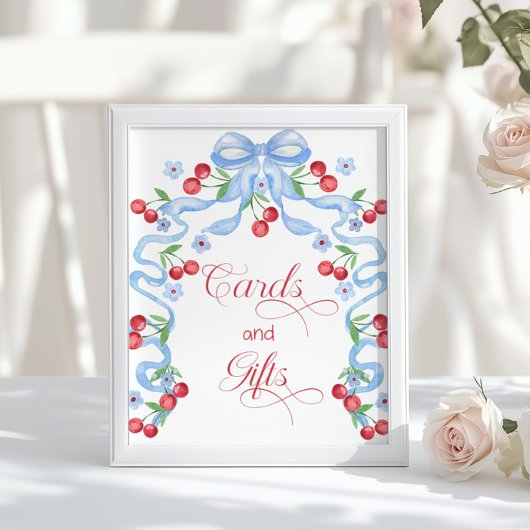 Cherry Whimsical Blue Bow Kaarten en geschenken Poster