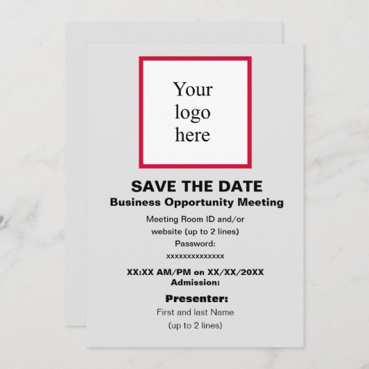 Cherry/Wht./Lt. Grey Virtual Bus. Opp. Mtg. Logo Save The Date (Voorkant / Achterkant)