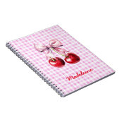 Cherry with Cute Pink Bow on Gingham Custom Name Notitieboek (Rechterzijde)