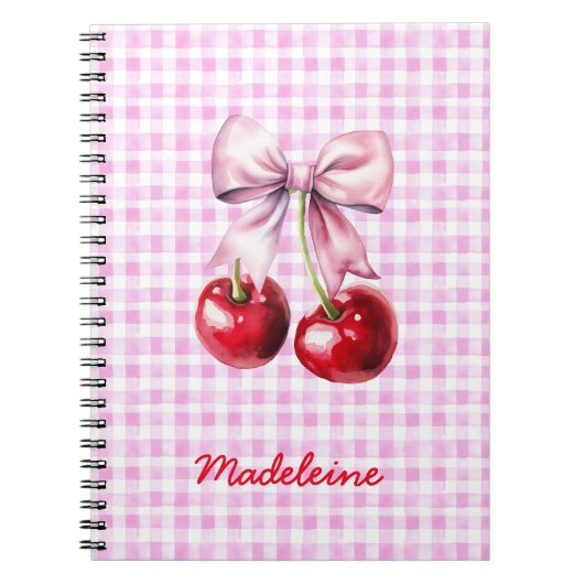 Cherry with Cute Pink Bow on Gingham Custom Name Notitieboek (Voorkant)