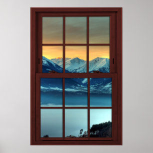 Cherry Wood Afbeelding Window Mountain Uitzicht 1  Poster