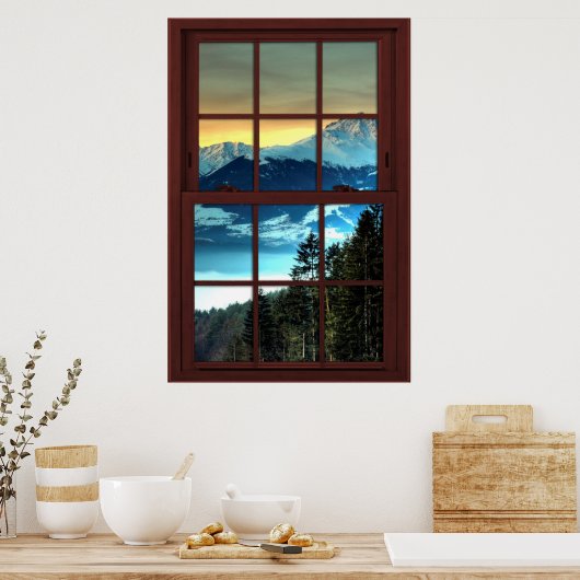 Cherry Wood Afbeelding Window Mountain Uitzicht 3 Poster (Keuken)
