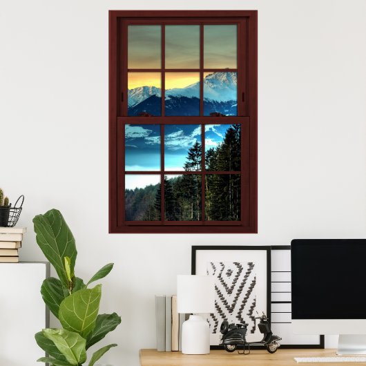 Cherry Wood Afbeelding Window Mountain Uitzicht 3 Poster (Thuiskantoor)