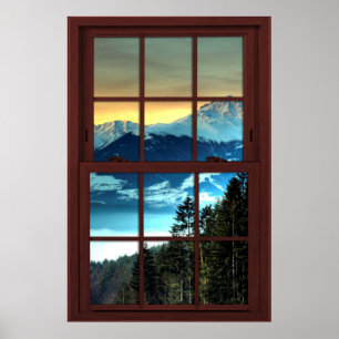Cherry Wood Afbeelding Window Mountain Uitzicht 3  Poster