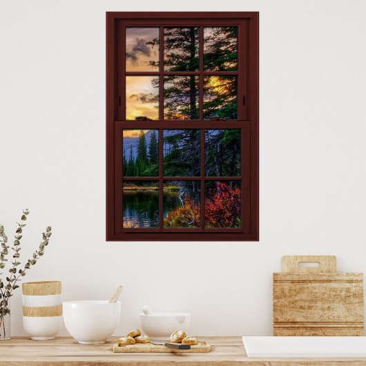 Cherry Wood Afbeelding Window Scenery Uitzicht 3 v Poster (Keuken)