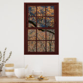 Cherry Wood Faux Window Autumn Leaves Uitzicht 1 o Poster (Keuken)