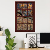 Cherry Wood Faux Window Autumn Leaves Uitzicht 1 o Poster (Thuiskantoor)