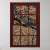 Cherry Wood Faux Window Autumn Leaves Uitzicht 1 o Poster (Voorkant)