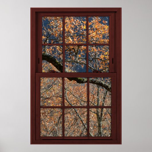 Cherry Wood Faux Window Autumn Leaves Uitzicht 1 o Poster (Voorkant)