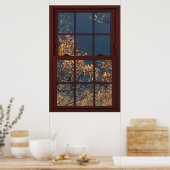 Cherry Wood Faux Window Autumn Leaves Uitzicht 2 o Poster (Keuken)