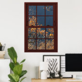 Cherry Wood Faux Window Autumn Leaves Uitzicht 2 o Poster (Thuiskantoor)